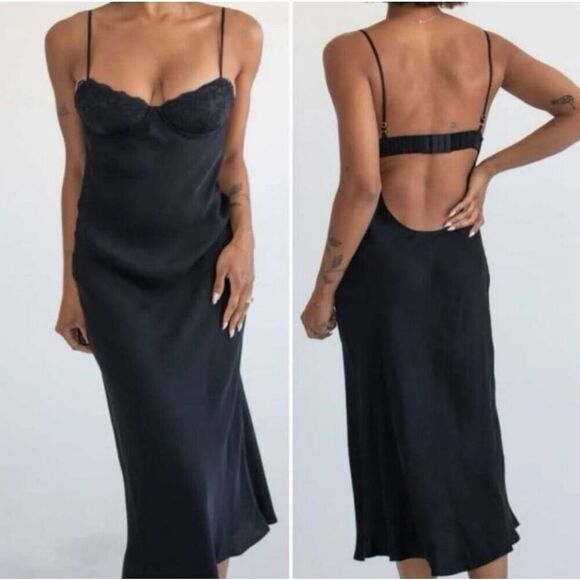 Rumored Negroni Lace Bust Satin Midi Bamboo Open Back Slip Dress Black Romantic - Picture 1 of 9